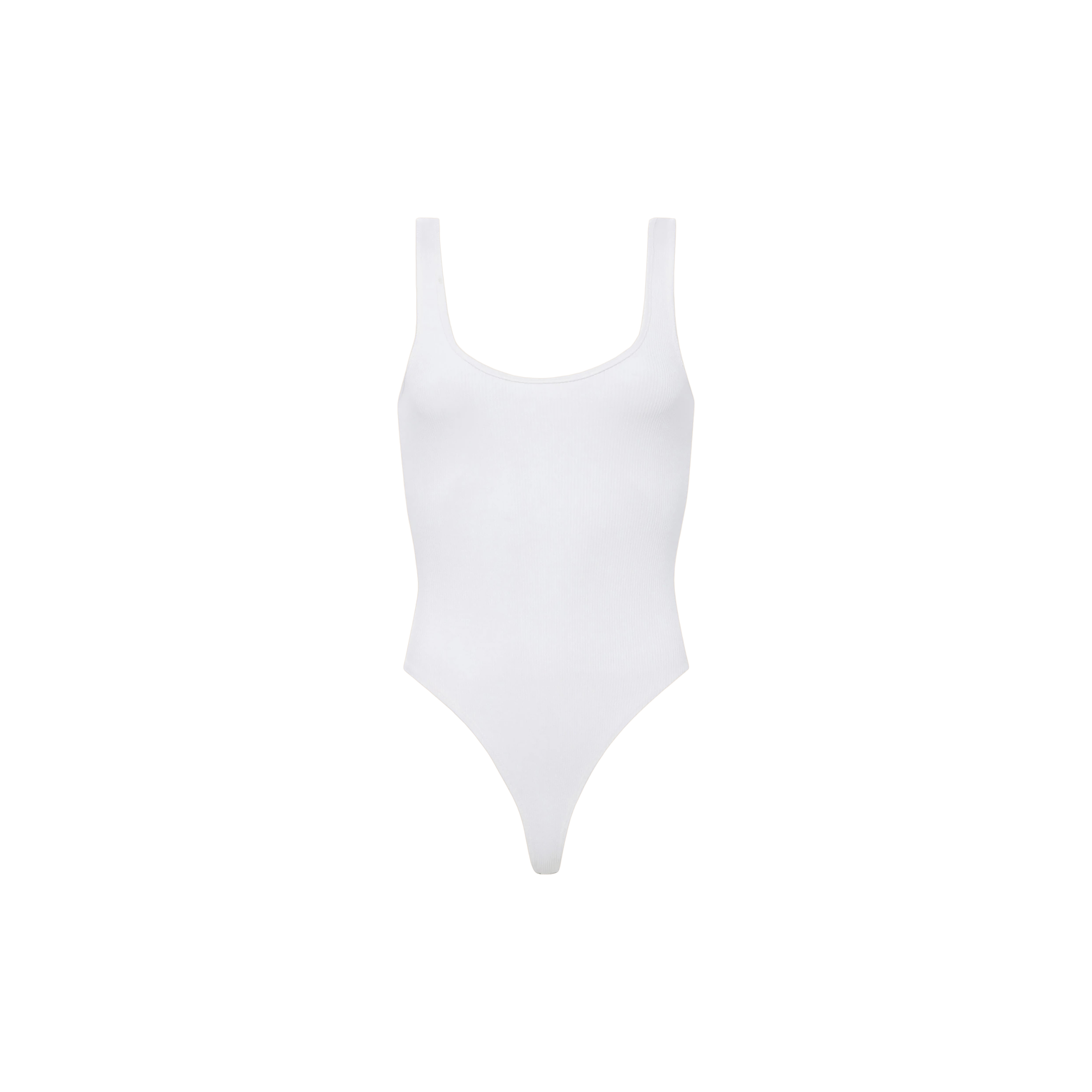 The Nica Scoopneck Bodysuit features a white, seamless design with a scoop neckline, high-cut leg openings, and a cheeky silhouette, displayed against a plain white background.