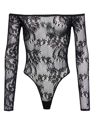 The Peonie Lace Bodysuit is a black off-the-shoulder piece with long sheer lace sleeves, a delicate floral pattern, and high-cut legs. Its revealing fabric highlights elegant construction for a striking look.