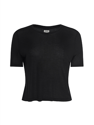 The Remy Tee is a plain black short-sleeve crop top with a round neckline, made from lightweight jersey and shown against a white background.