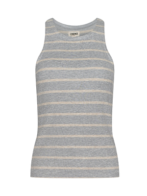 The Nia Ribbed Tank is a sleeveless racerback with a high neckline and horizontal light gray and white stripes. Made from soft, microfiber modal ribbed fabric, its fitted for all-day comfort.