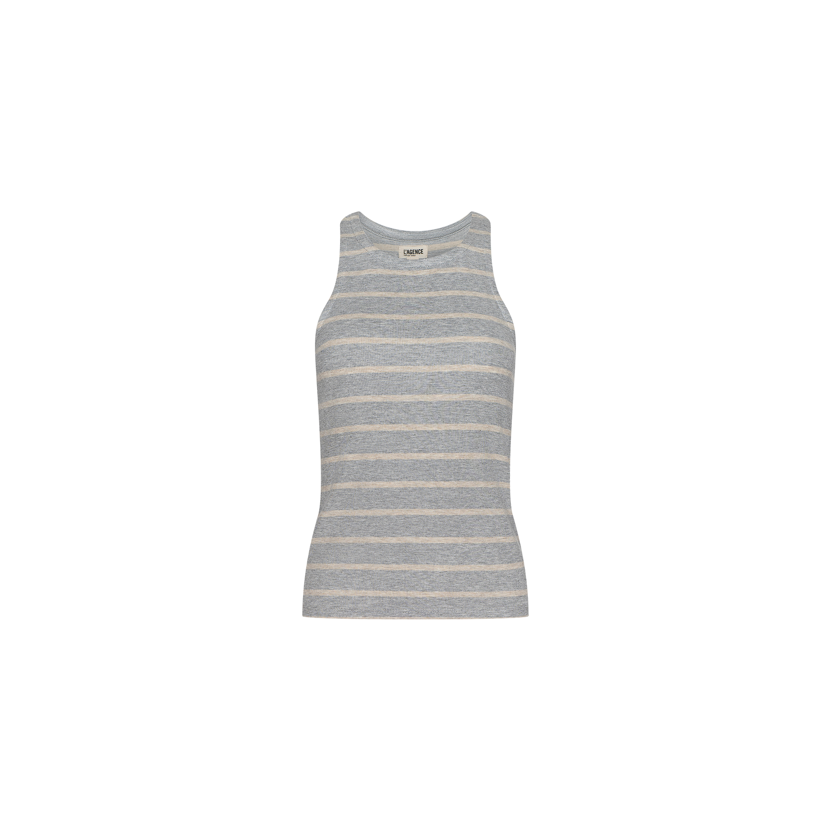Nia Ribbed Tank in gray and white stripes, featuring a racerback design and crafted from soft microfiber modal, shown from the front against a plain white background.