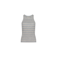 Nia Ribbed Tank in gray and white stripes, featuring a racerback design and crafted from soft microfiber modal, shown from the front against a plain white background.