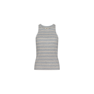 Nia Ribbed Tank in gray and white stripes, featuring a racerback design and crafted from soft microfiber modal, shown from the front against a plain white background.