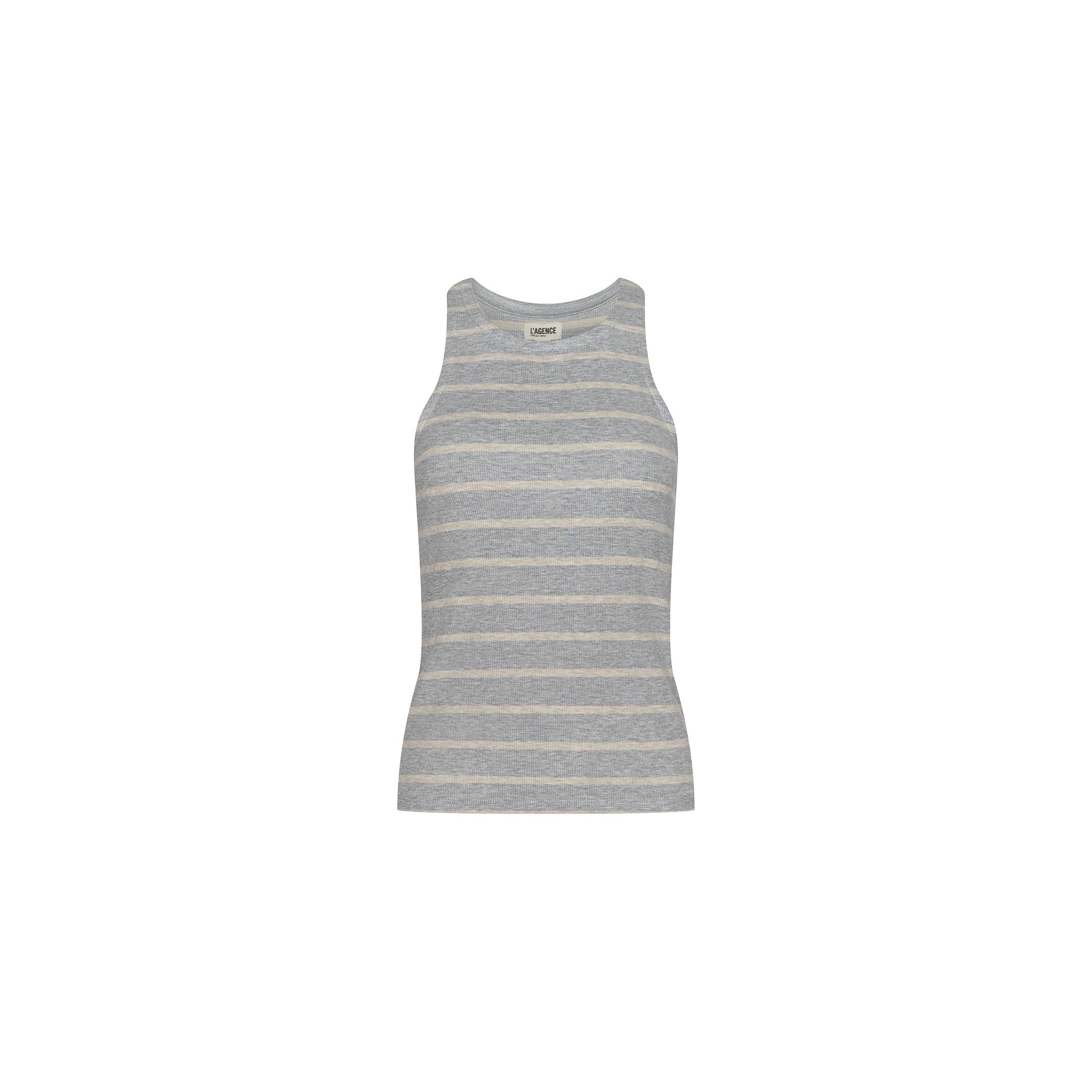 Nia Ribbed Tank in gray and white stripes, featuring a racerback design and crafted from soft microfiber modal, shown from the front against a plain white background.