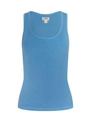 The Adira Scoopneck Tank is a light blue sleeveless essential with stretch rib fabric and a scoop neckline, displayed against a white background.