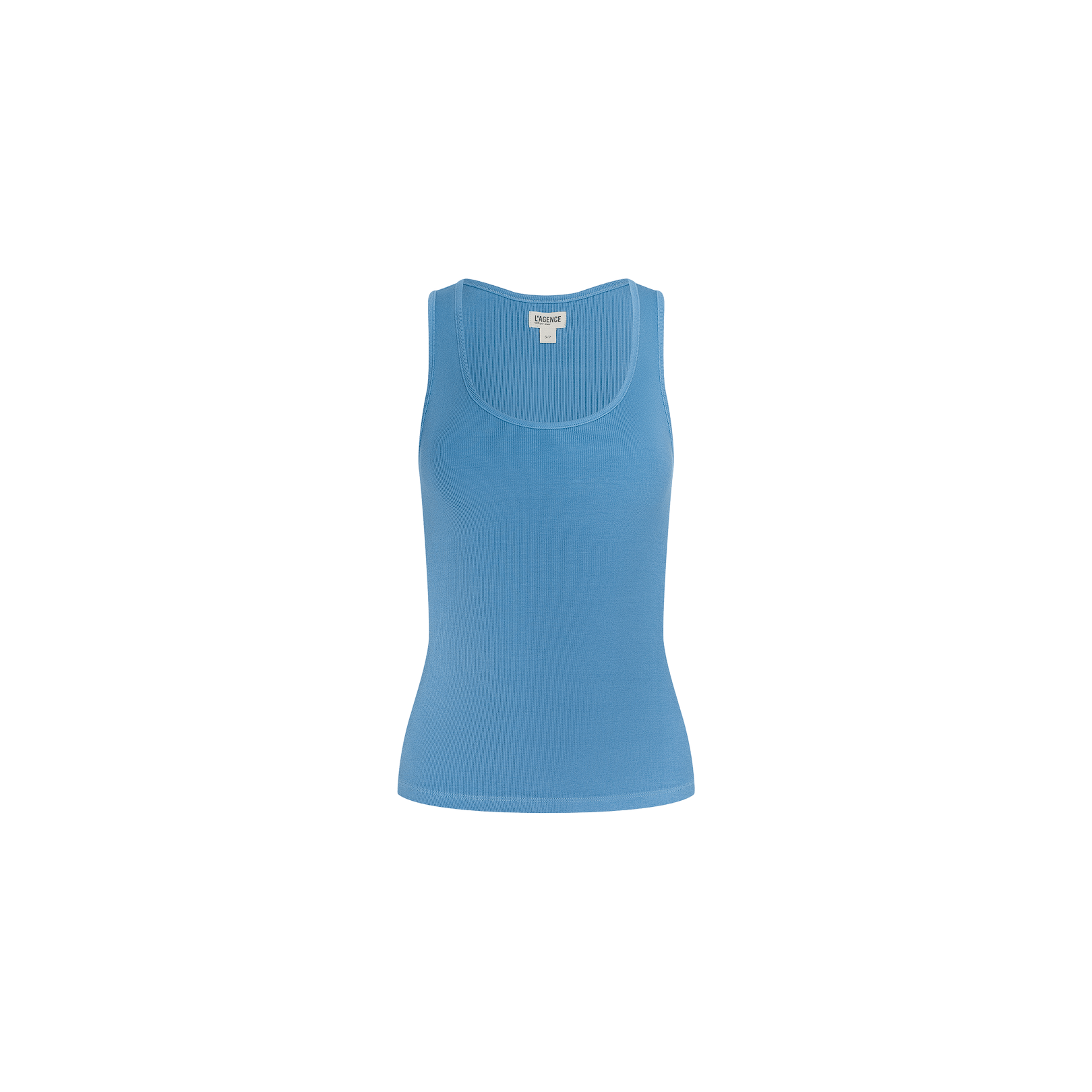 An Adira Scoopneck Tank in light blue, featuring a sleeveless and fitted ribbed design, is centered on a plain white background.