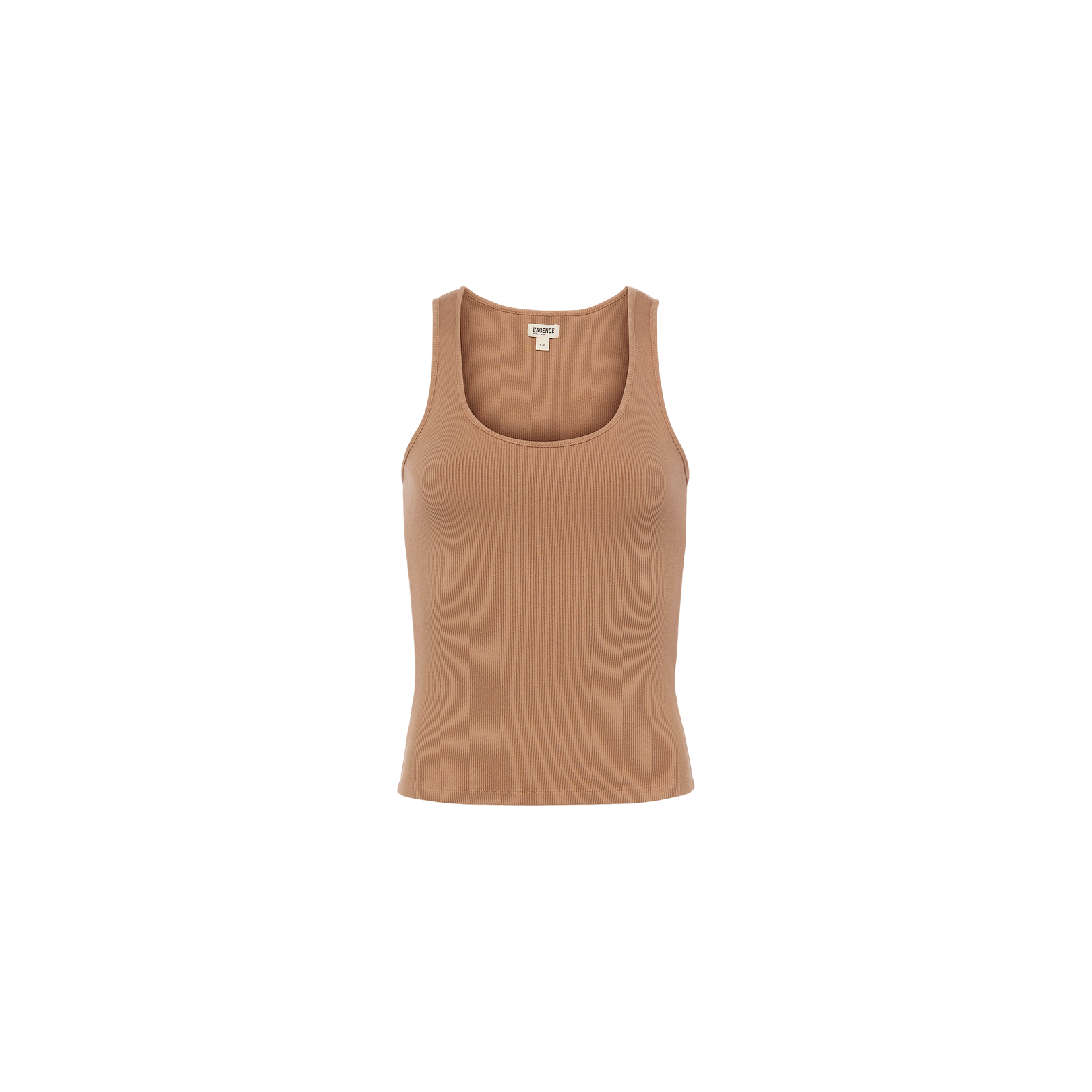 The Adira Tank is a light brown, sleeveless ribbed essential featuring a scoopneck and sculpted fit, shown against a plain white background.