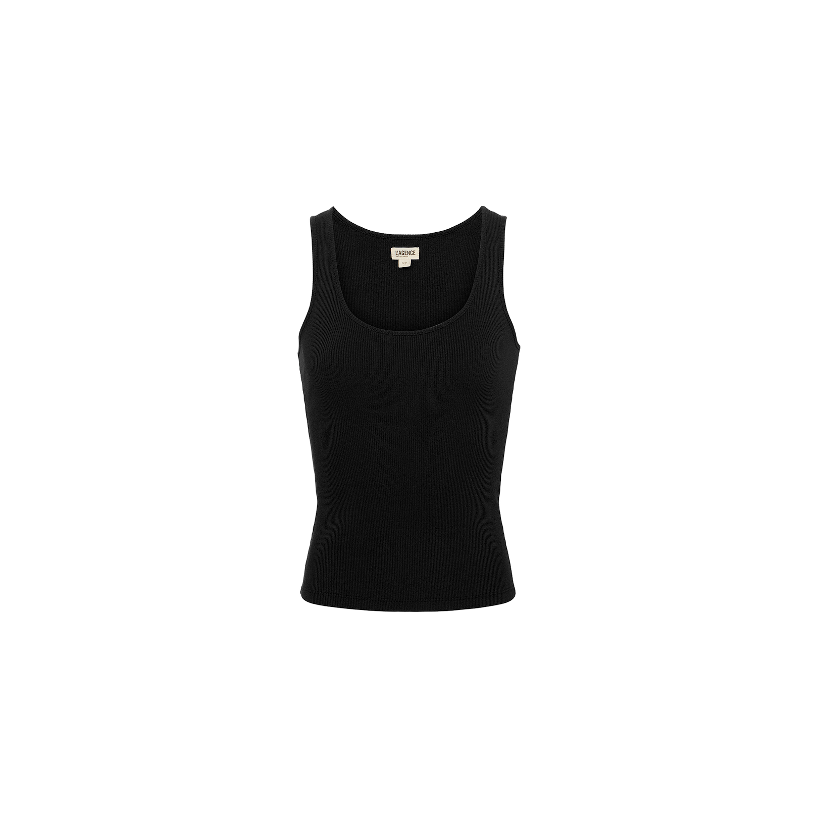 The Adira Scoopneck Tank is a plain black, sleeveless top with a scoopneck design and a slim fit, shown against a white background.