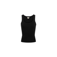 The Adira Scoopneck Tank is a plain black, sleeveless top with a scoopneck design and a slim fit, shown against a white background.