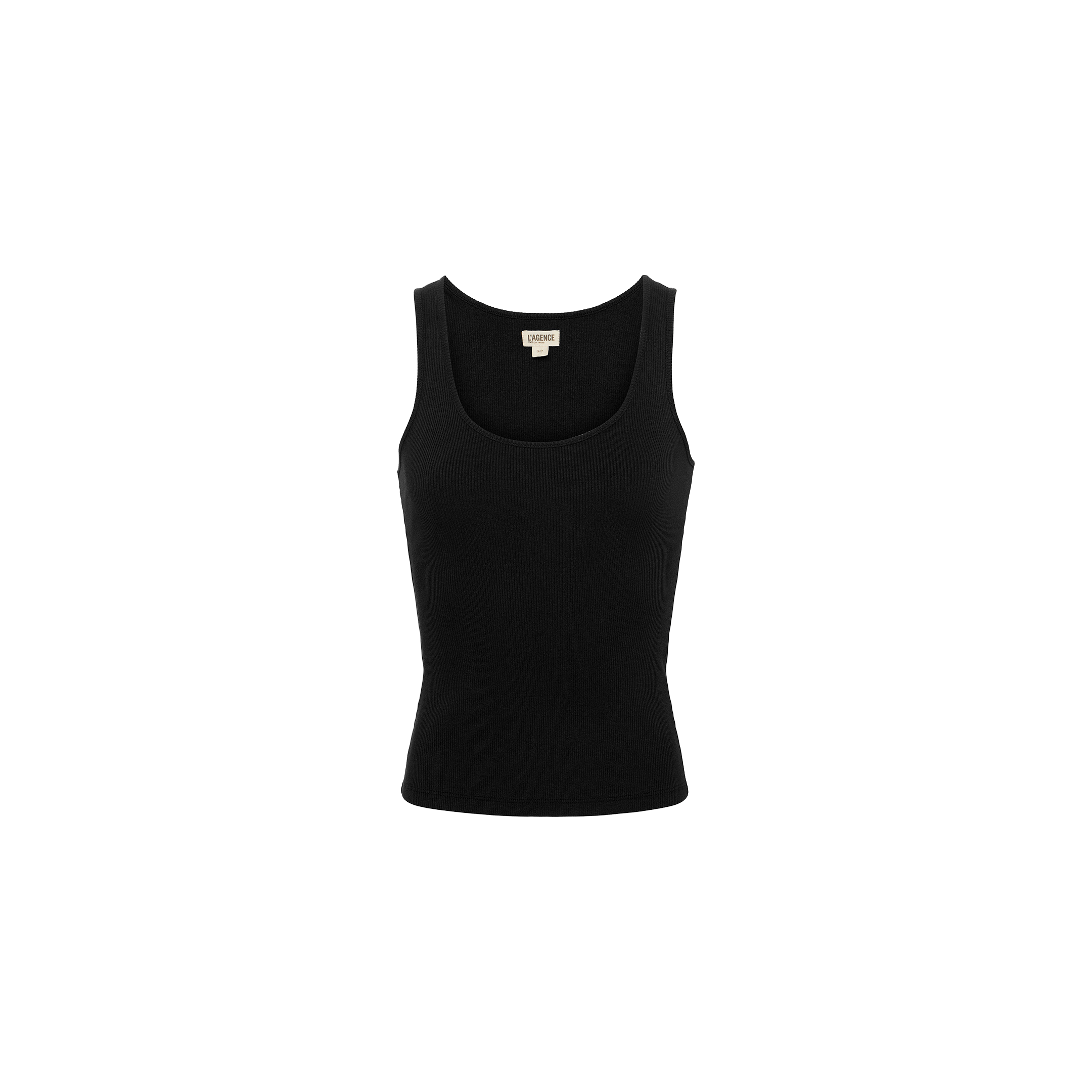 The Adira Scoopneck Tank is a plain black, sleeveless top with a scoopneck design and a slim fit, shown against a white background.