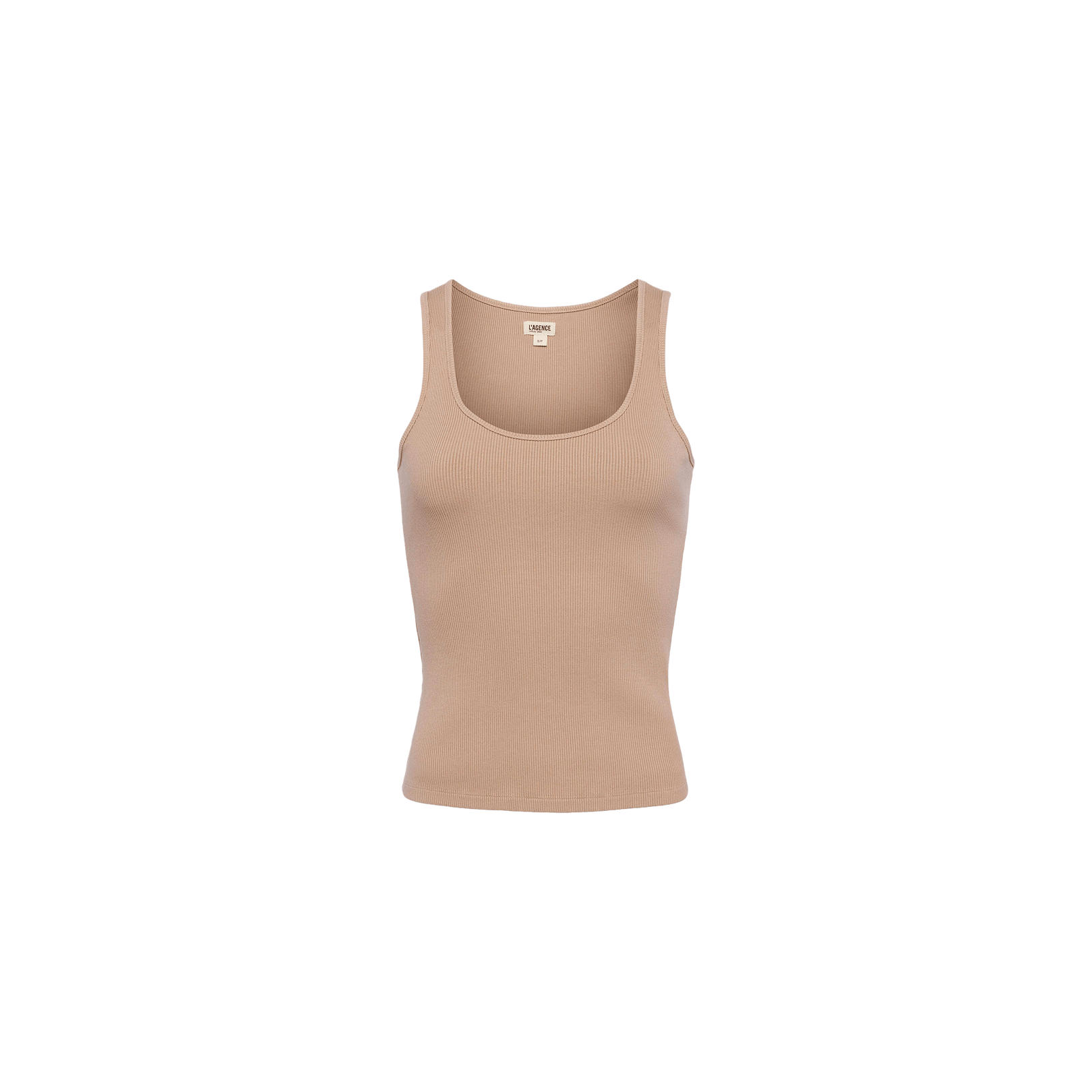Adira Scoopneck Tank in beige ribbed stretch-cotton, featuring a sculpted fit and deep scoop neckline, displayed against a plain white background.