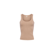 Adira Scoopneck Tank in beige ribbed stretch-cotton, featuring a sculpted fit and deep scoop neckline, displayed against a plain white background.