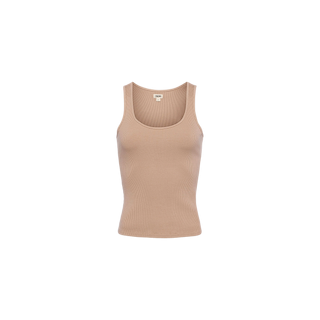 The Adira Scoopneck Tank is a beige ribbed tank top made from stretch-cotton jersey, featuring a scoop neckline and a fitted silhouette, shown on a plain white background.