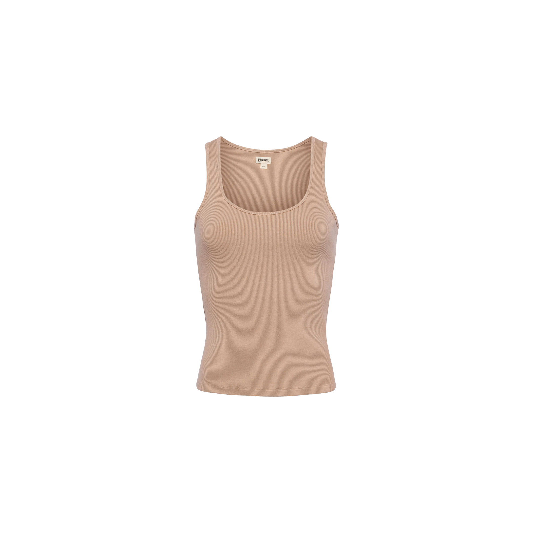 Adira Scoopneck Tank in beige ribbed stretch-cotton, featuring a sculpted fit and deep scoop neckline, displayed against a plain white background.