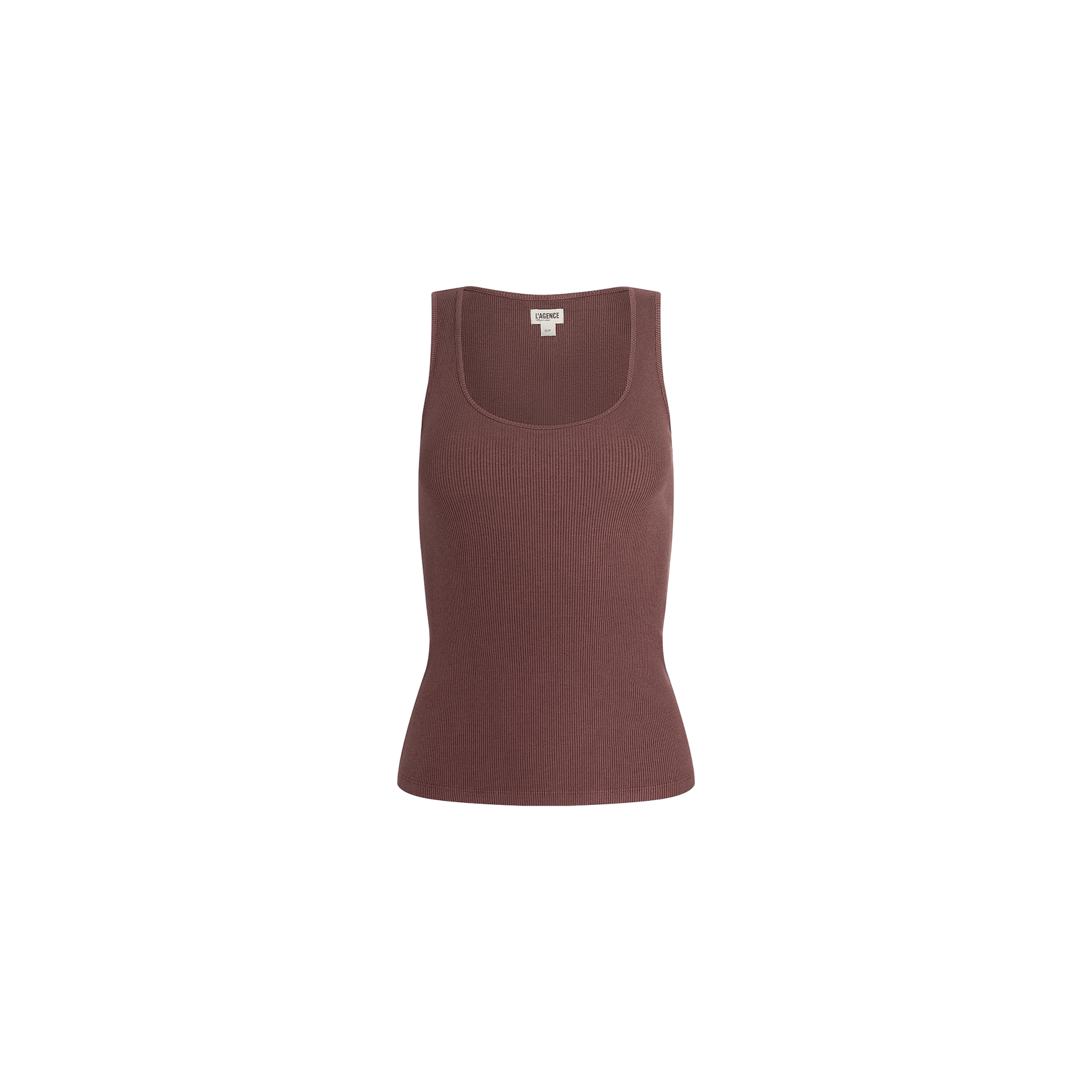 The Adira Scoopneck Tank is a sleeveless, fitted ribbed tank in a muted brown shade, shown on a plain white background. This essential piece features a scoop neckline and a flattering silhouette.