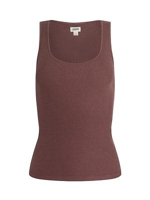 The Adira Scoopneck Tank, a fitted ribbed brown top with a scoop neckline, is shown on a plain white background. A small white label is visible inside the collar.
