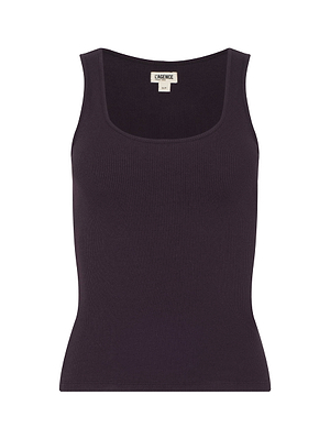 The Adira Scoopneck Tank by L'AGENCE is a sleeveless, dark purple tank with a stretch rib texture, shown against a plain white background.