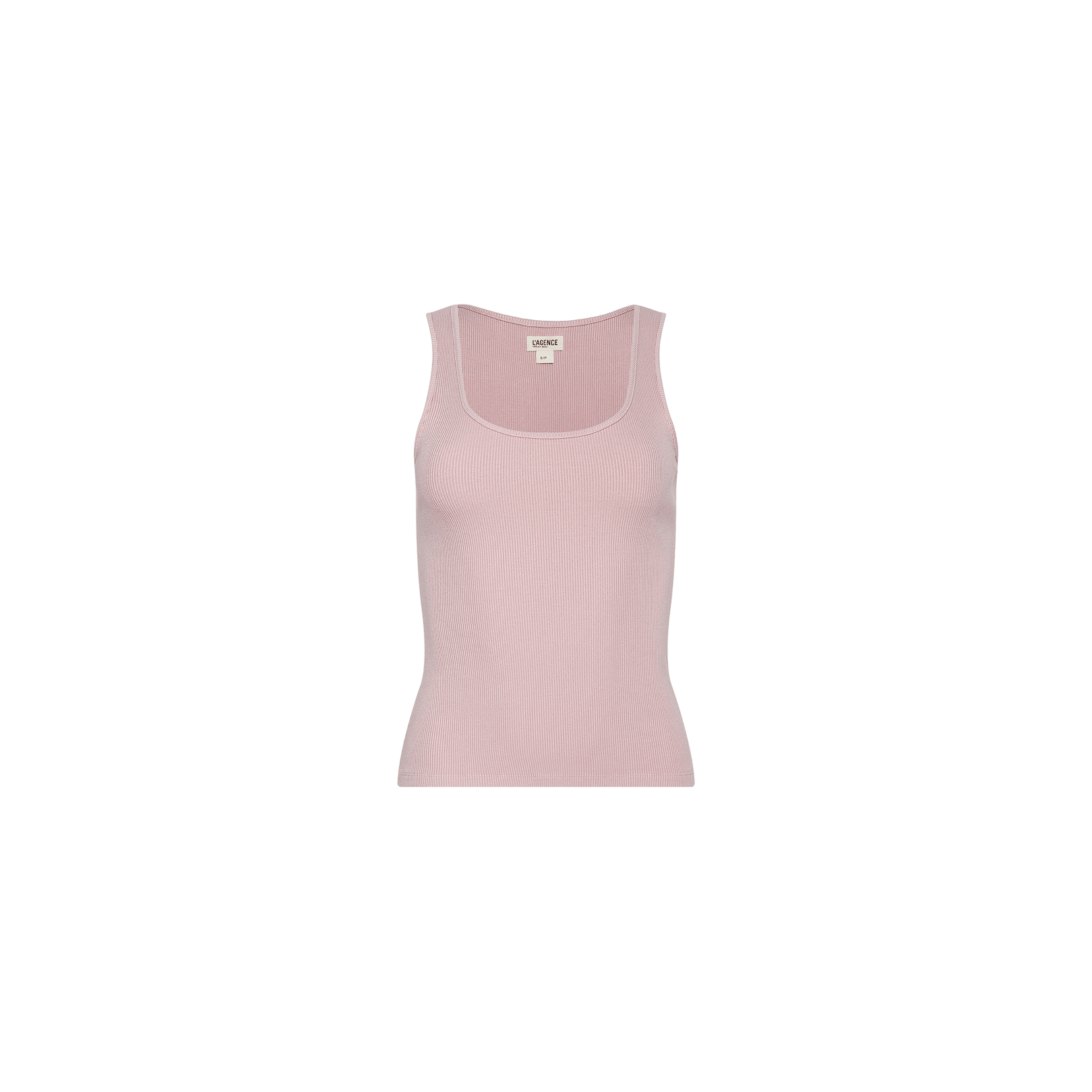 The Adira Scoopneck Tank, a sleeveless essential in light pink, features a scoop neckline and is displayed on a plain white background. Crafted from stretch rib fabric, this top provides comfort and versatility.