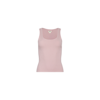 The Adira Scoopneck Tank is displayed on a plain white background, showcasing its light pink color, sleeveless design, stretch rib fabric, and fitted silhouette.