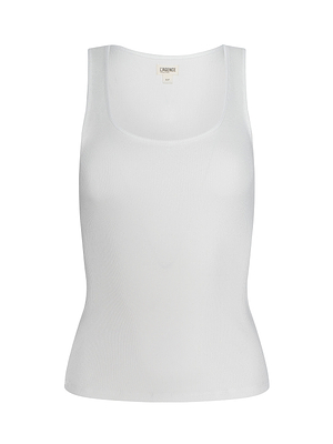 The Adira Scoopneck Tank is a plain white fitted ribbed tank featuring a scoop neckline, shown against a white background.