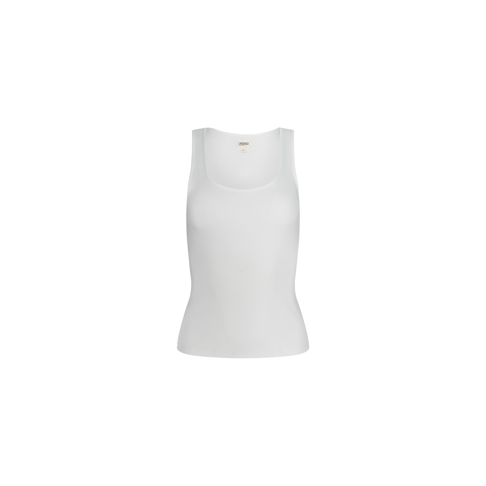 The Adira Scoopneck Tank, a plain white fitted ribbed sleeveless top with a scoop neckline, is centered on a white background.