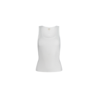 Adira Scoopneck Tank featuring a white hue, high recovery stretch rib, and a flattering scoopneck, displayed against a plain white background.