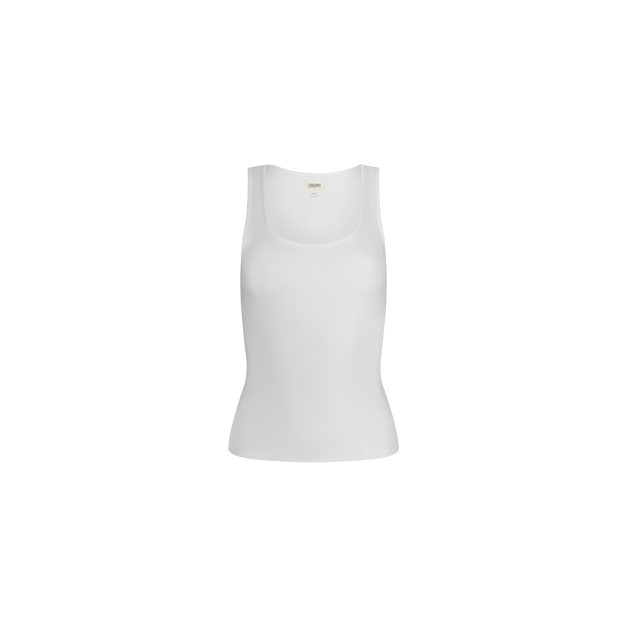The Adira Scoopneck Tank, a plain white fitted ribbed sleeveless top with a scoop neckline, is centered on a white background.