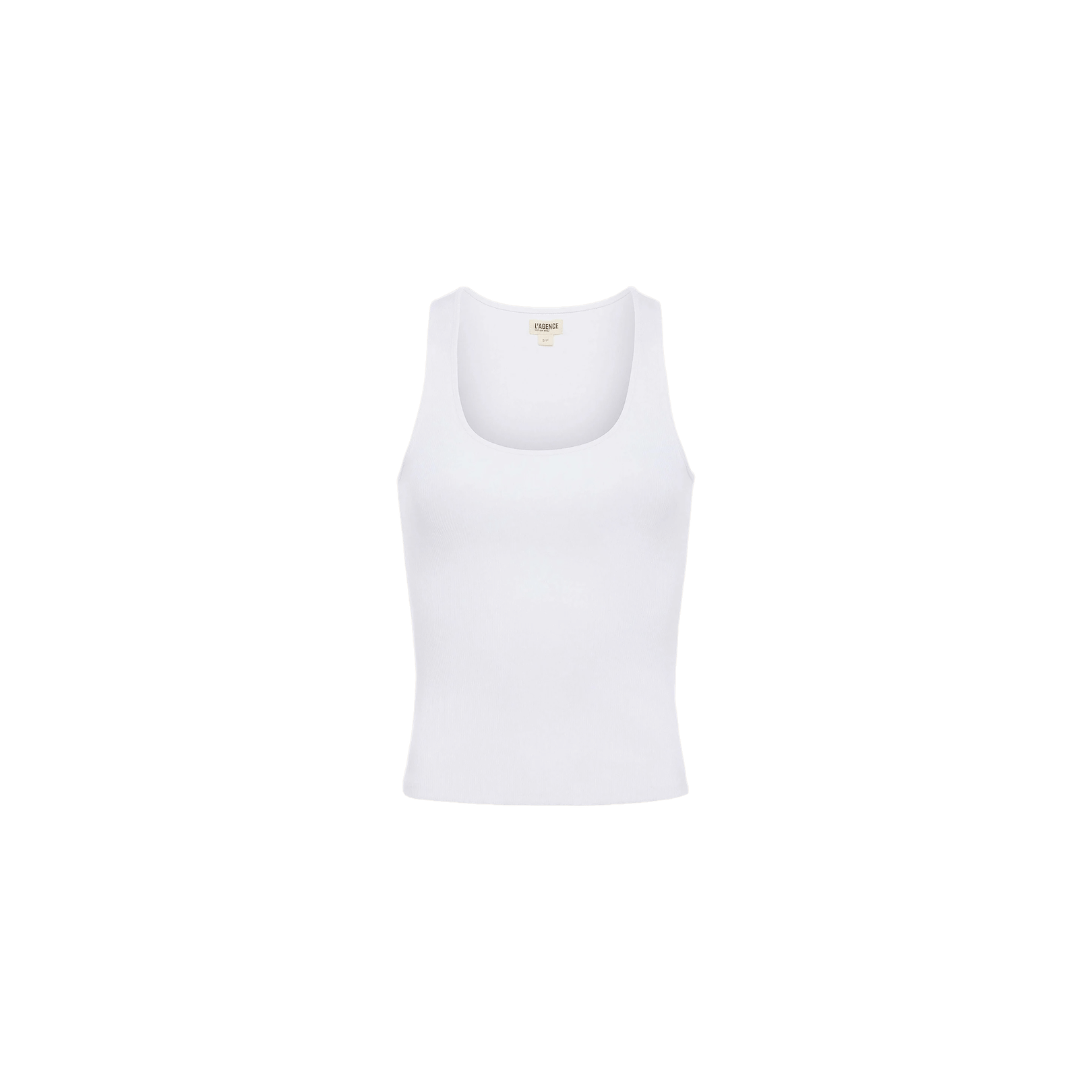 The Adira Scoopneck Tank is a slim fit white tank top featuring a scoop neckline, crafted from ribbed knit fabric and showcased on a white background.