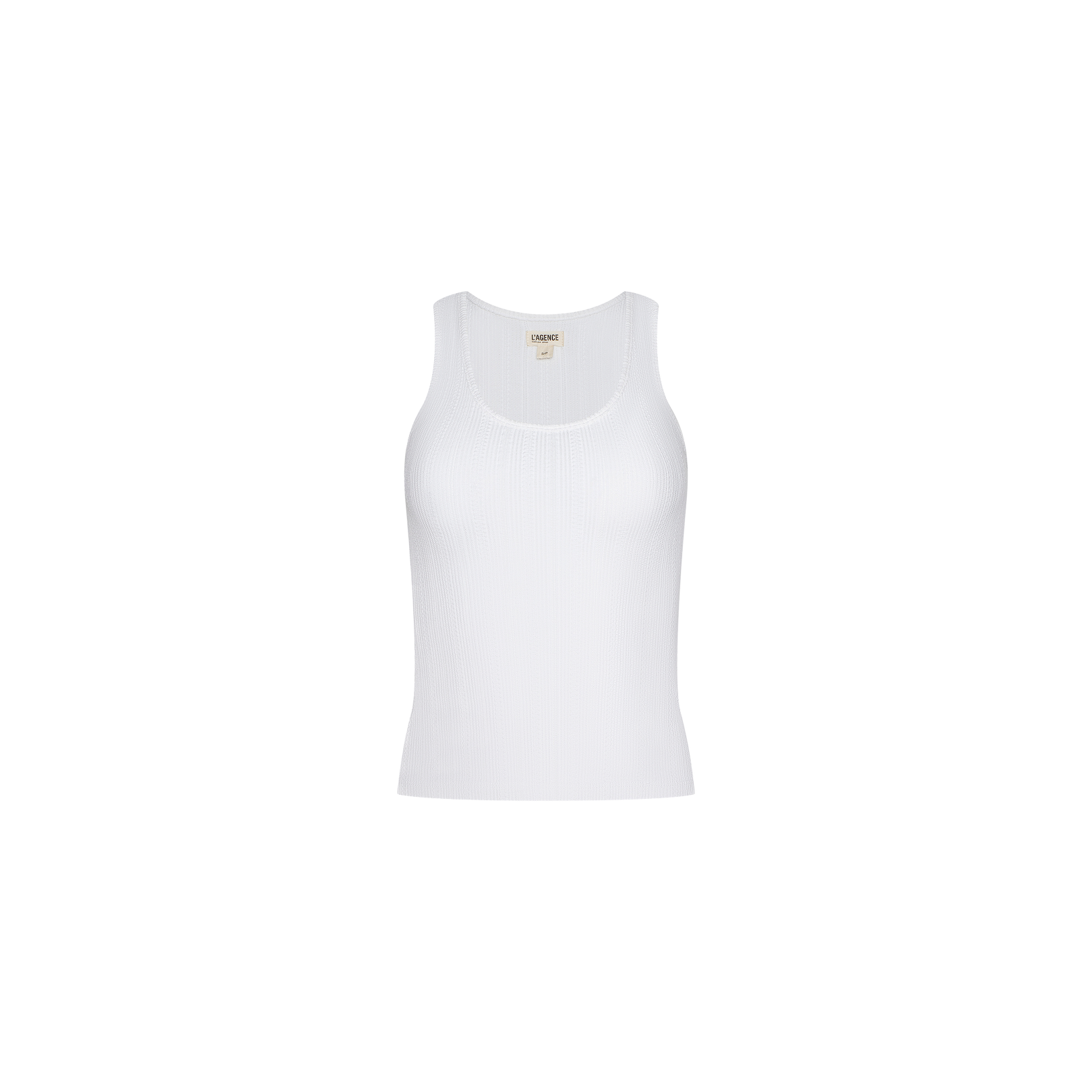 The Adira Scoopneck Tank, a white ribbed essential featuring a scoop neckline, is displayed against a plain light background.