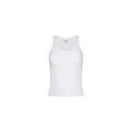 The Adira Scoopneck Tank, a white ribbed essential featuring a scoop neckline, is displayed against a plain light background.
