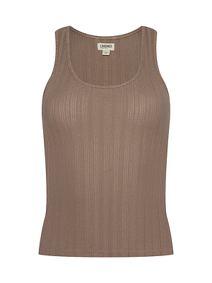The Adira Scoopneck Tank is a ribbed, fitted, sleeveless top in taupe, made from soft organic cotton. Shown against a plain white background.