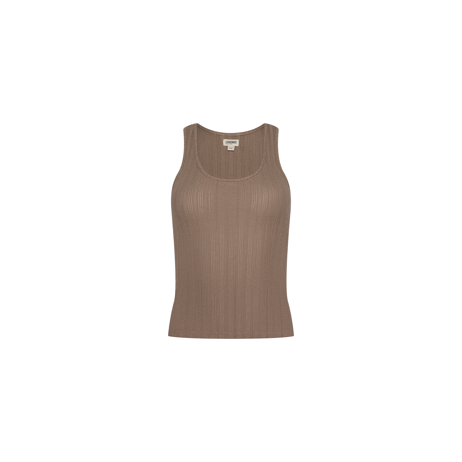 The Adira Scoopneck Tank is a sleeveless, ribbed fitted top made from organic cotton in taupe, showcasing a flattering scoop neckline and photographed against a plain white background.