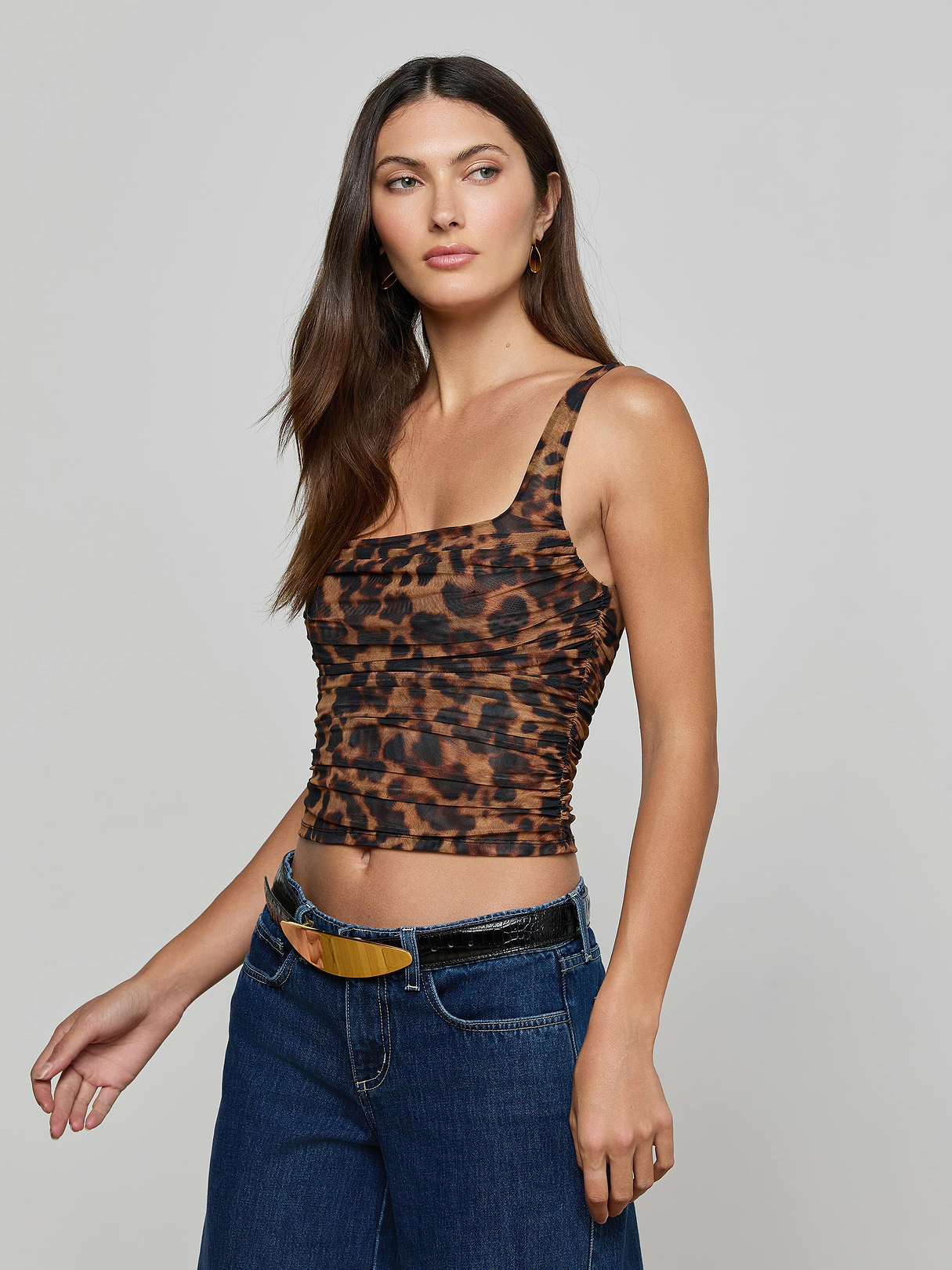 リ*サ様 layered lace tank チョウピラコ Rasha Shirred Mesh Tank in Brown Multi Amur Leopard | L'AGENCE