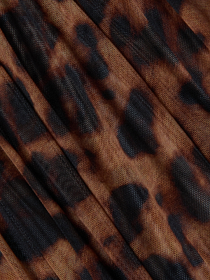 Close-up of brown and black leopard print mesh fabric from the L'AGENCE Rasha Shirred Mesh Tank, featuring a textured surface with dark spots on a lighter background—ideal for showcasing the tank's shirred waist and subtle diagonal folds.
