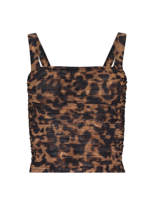 The Rasha Shirred Mesh Tank by L’AGENCE features a sleeveless design with a square neckline, wide straps, ruched texture, and a chic brown and black leopard print.