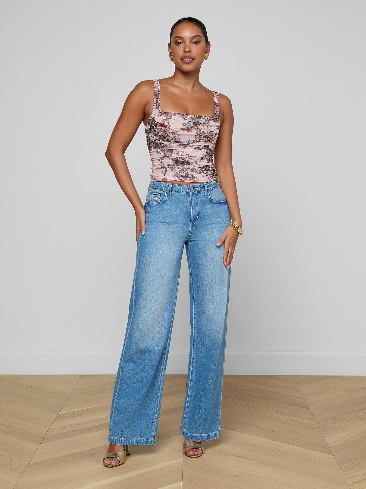 Rasha Shirred Mesh Tank in Light Nectar Pink Small Multi Butterfly