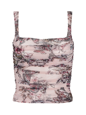 The Rasha Shirred Mesh Tank is a sleeveless, square-neck top in stretch mesh with a soft pink base and an all-over butterfly-jungle print in grey, pink, and brown tones.