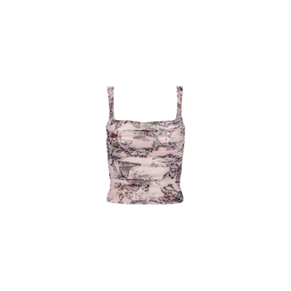 The Rasha Shirred Mesh Tank is a chic, sleeveless top featuring a square neckline, thin straps, and a ruched cropped silhouette. Designed with a delicate pink and gray floral and scenic print on a white mesh background, the tank is displayed against a plain white backdrop.