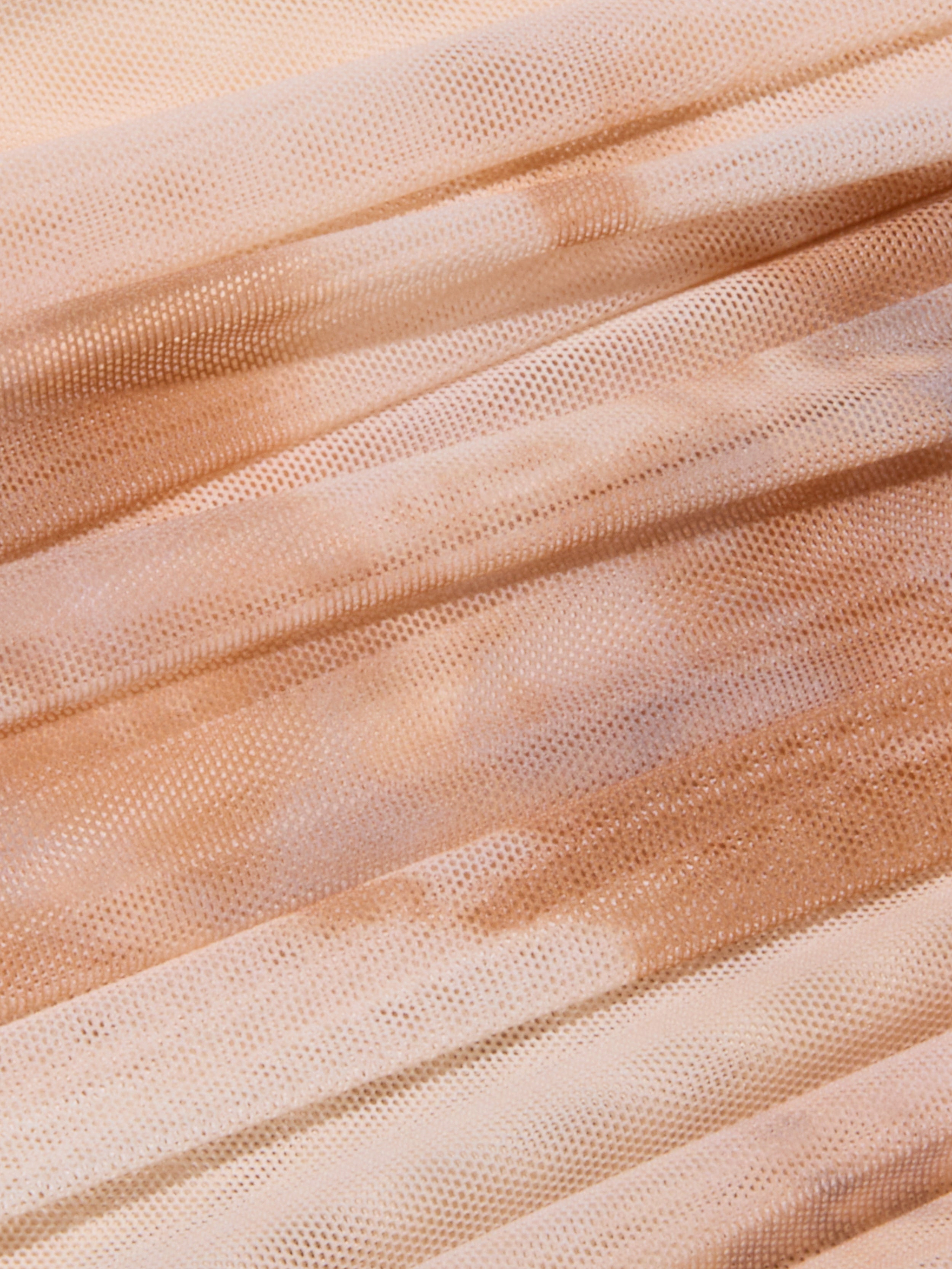 Close-up of the Rasha Shirred Mesh Tank, showcasing its folded, textured mesh fabric in soft beige and light brown tones. The abstract print features a mesh-like pattern with delicate color variations across the surface.