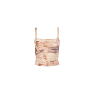 Rasha Shirred Mesh Tank with a square neckline and ruched sides, showcasing an abstract light brown and beige tie-dye print, displayed on a plain white background.