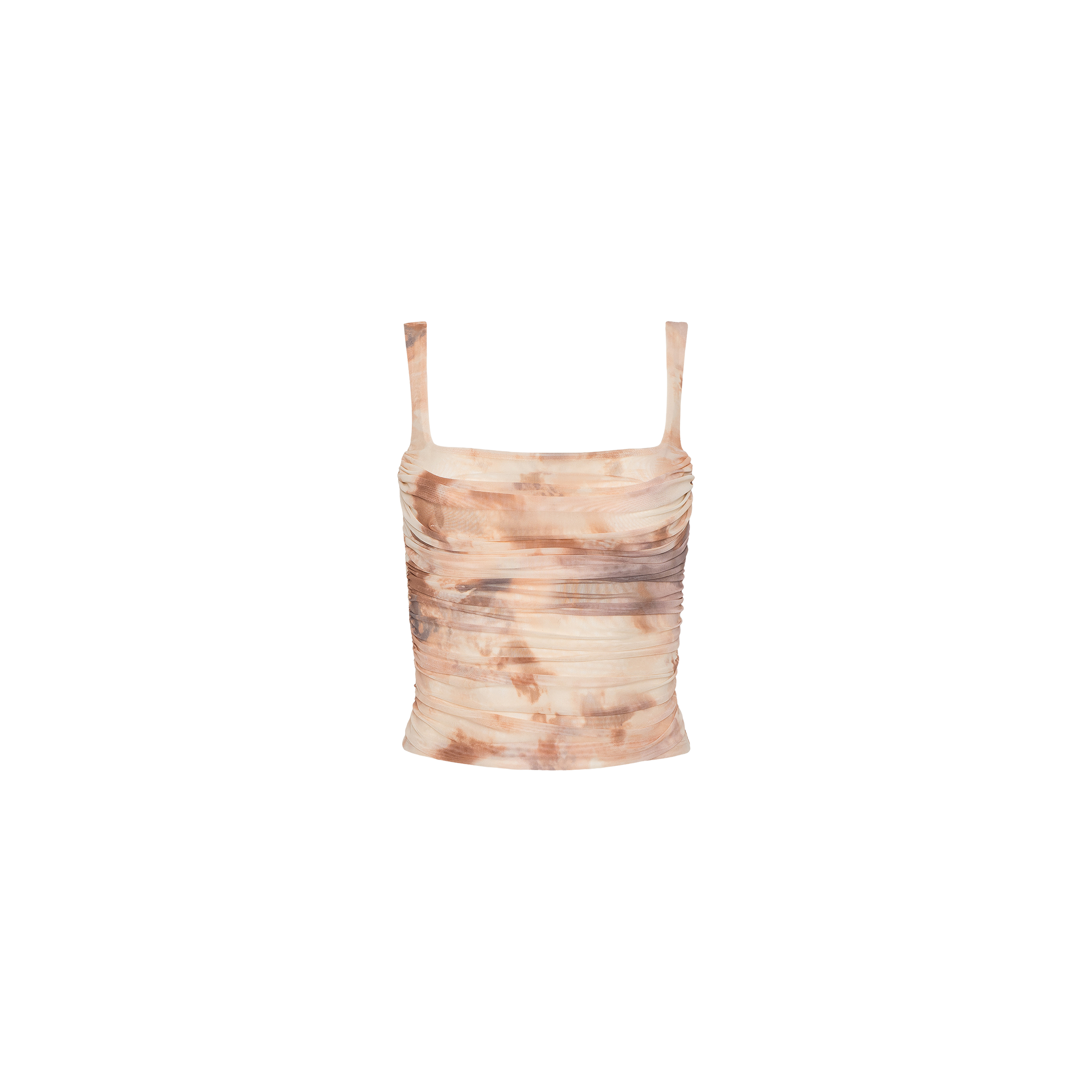 Rasha Shirred Mesh Tank with a square neckline and ruched sides, showcasing an abstract light brown and beige tie-dye print, displayed on a plain white background.