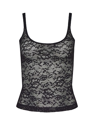 The Vinka Lace Tank is a black sheer tank top with thin straps and a delicate floral pattern, perfect as a base layer. Shown on a plain white background.