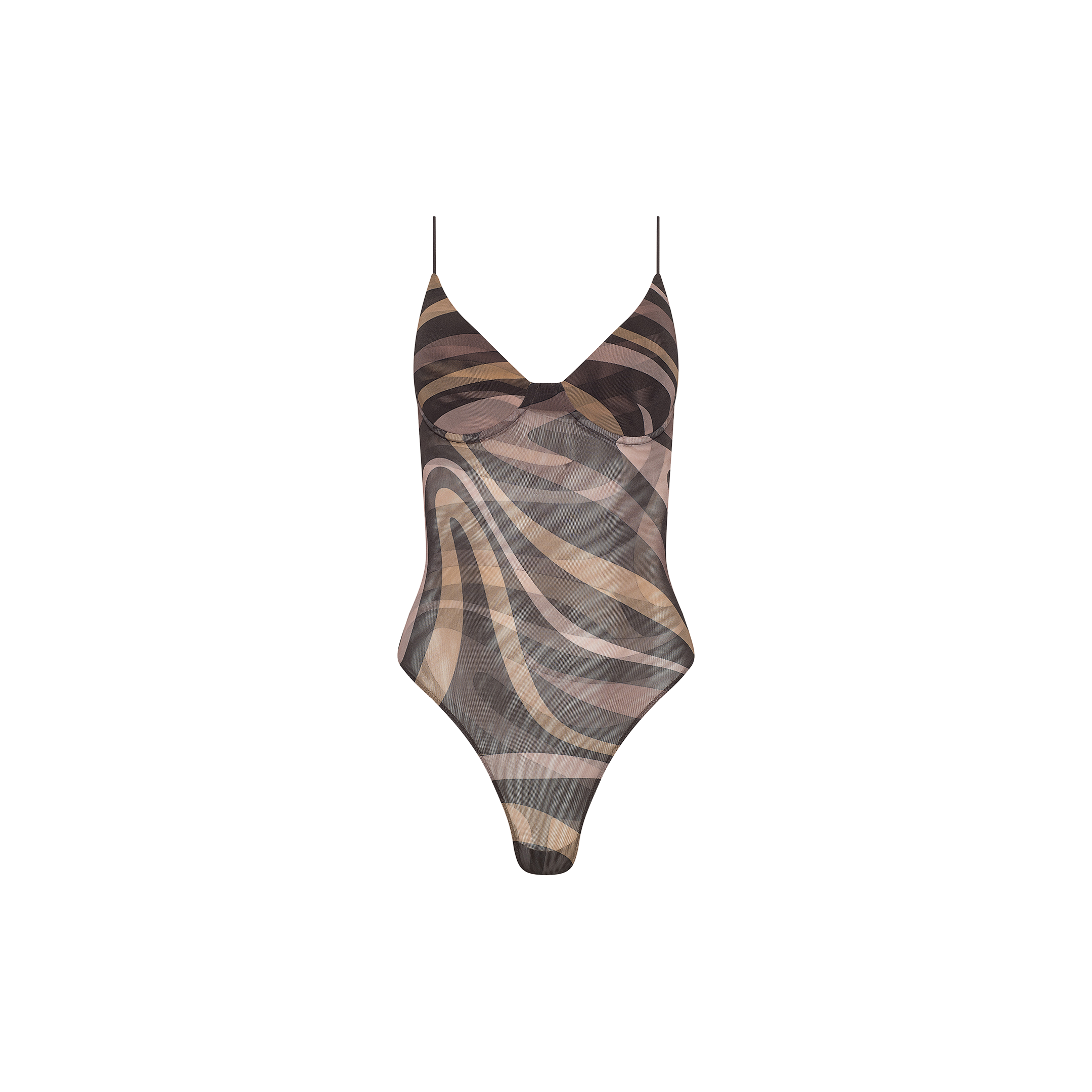 The Elowen Mesh Bodysuit is a one-piece design with thin straps and features a swirling, abstract pattern in shades of brown, beige, and black. It is displayed against a plain white background.