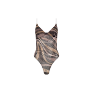 The Elowen Mesh Bodysuit is a one-piece design with thin straps and features a swirling, abstract pattern in shades of brown, beige, and black. It is displayed against a plain white background.