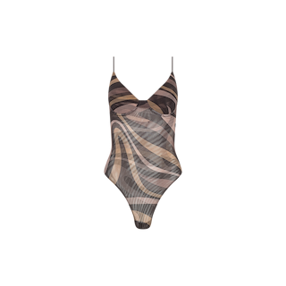 The Elowen Mesh Bodysuit, featuring a sleeveless, high-cut silhouette with thin straps and a wavy abstract pattern in brown, beige, and black, is displayed on a plain white background.