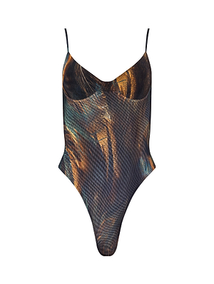 The Elowen Mesh Bodysuit by L'AGENCE features thin straps and a textured, metallic pattern in brown, gold, and teal feather print, shown against a white background.