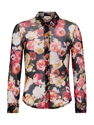 The Indiana Mesh Blouse by L'AGENCE is a long-sleeve sheer button-down with a classic collar and cuffs, featuring a vivid multicolor rose floral print on black.