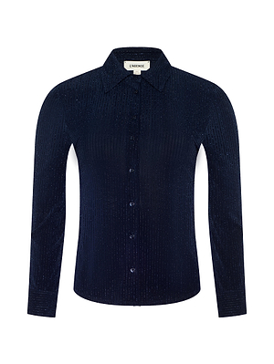 The Indiana Blouse by L'AGENCE is a long-sleeved, fitted midnight navy button-down shirt with a collar and subtle vertical textured pattern, shown against a white background.