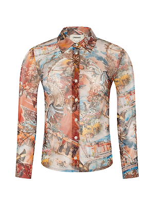 The Indiana Mesh Blouse by L'AGENCE features long sleeves, a pointed collar, white front buttons, and a sheer mesh fabric with vibrant blue, orange, and beige travel postcard prints for a stylish button-down look.