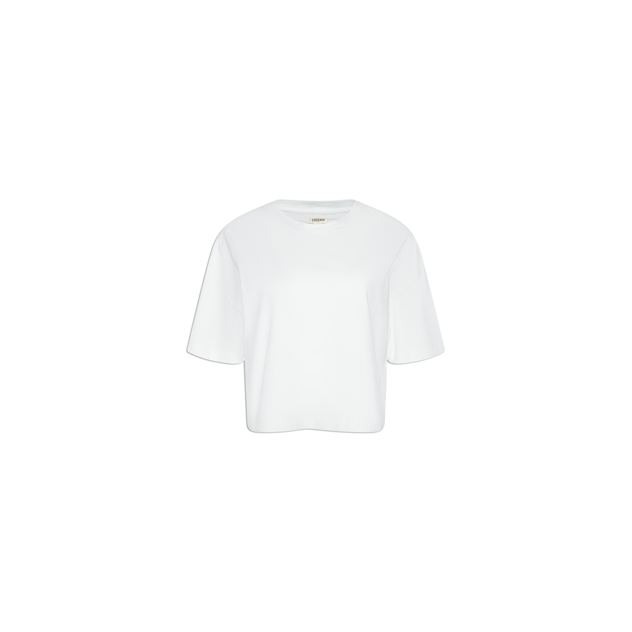 The Daria Oversized Cropped Tee, featuring a crew neck and short sleeves in classic white, is showcased against a light gray background. Made from premium Supima cotton, this T-shirt promises exceptional softness and long-lasting durability.